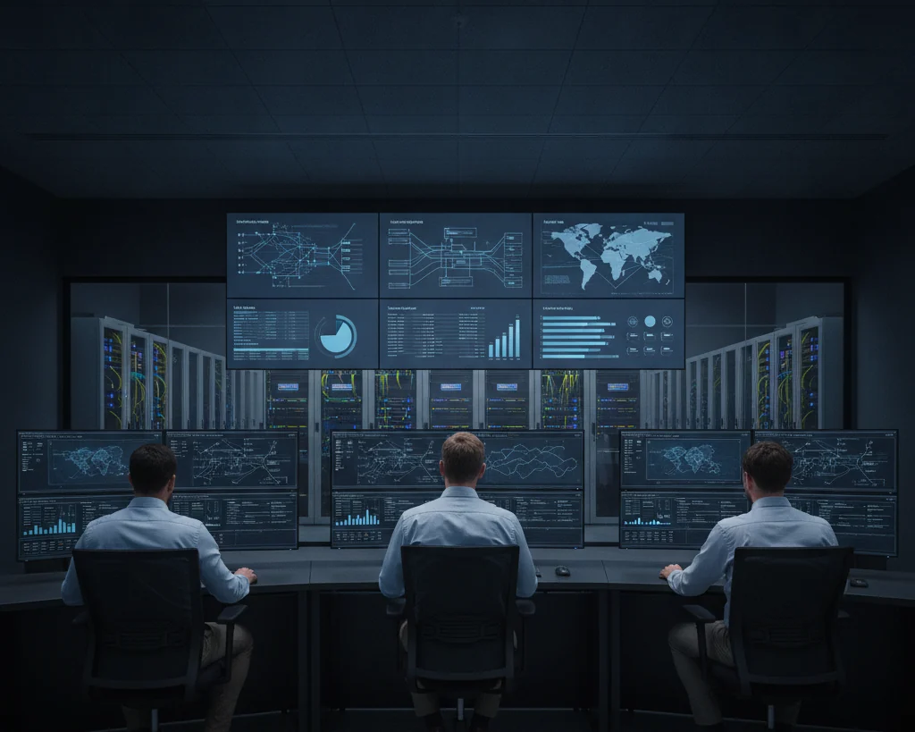 Centro de operaciones de seguridad con analistas, videowall de monitoreo y racks de servidores al fondo