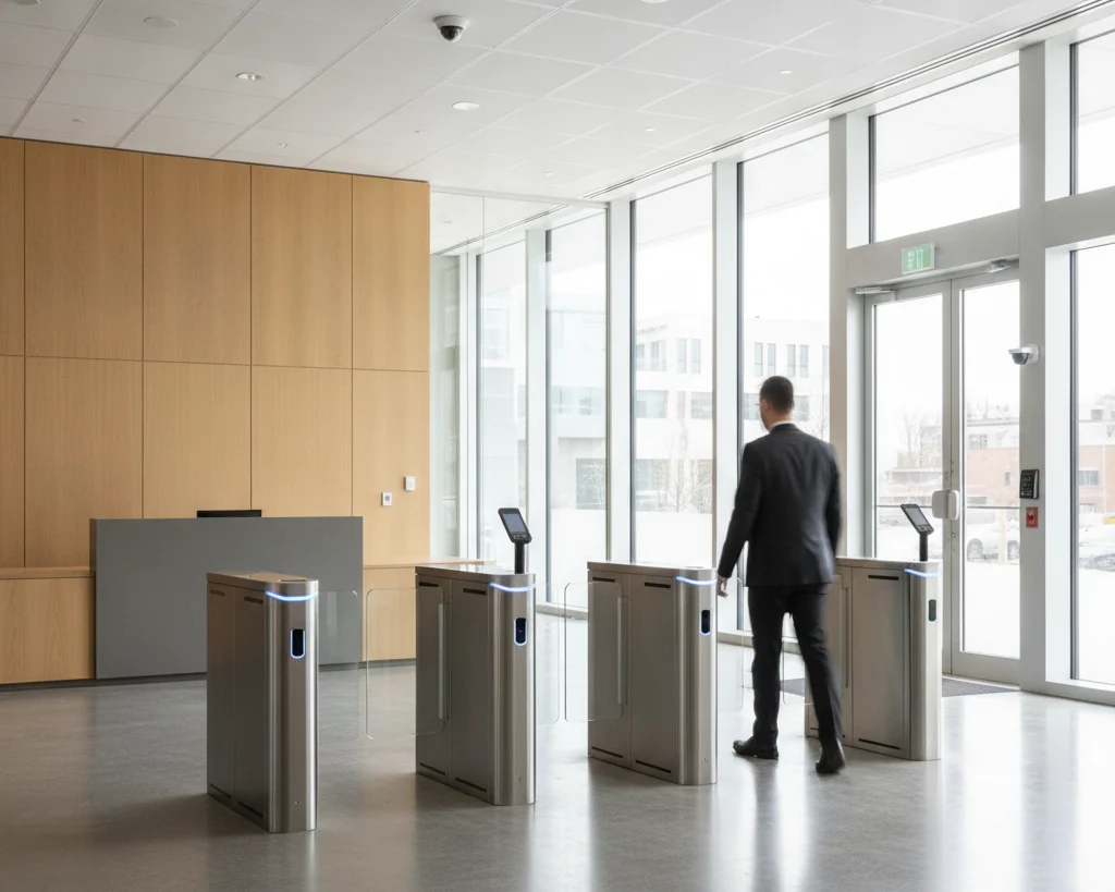 Lobby corporativo con torniquetes ópticos, lectores de control de acceso y cámaras CCTV instaladas